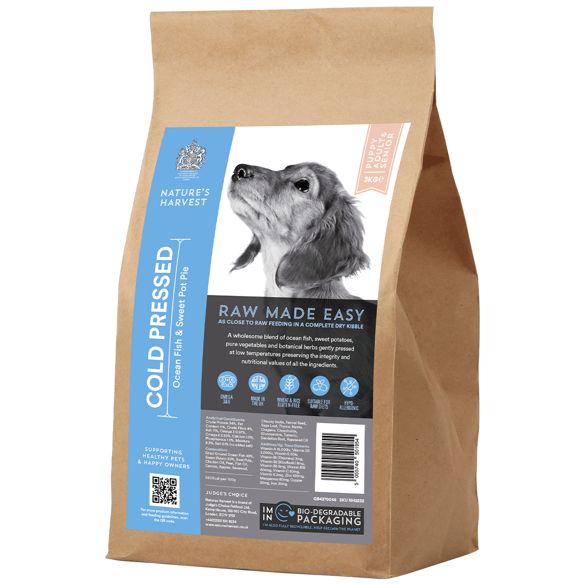 Cold Pressed Ocean Fish and Sweet Potato 3KG Hypoallergenic Dog Food - Raw Made Easy.