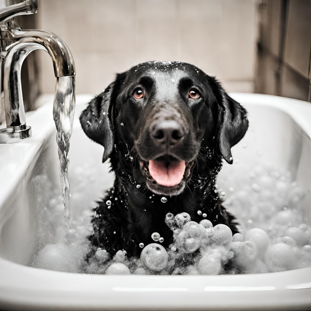 black labrador in bubble bath