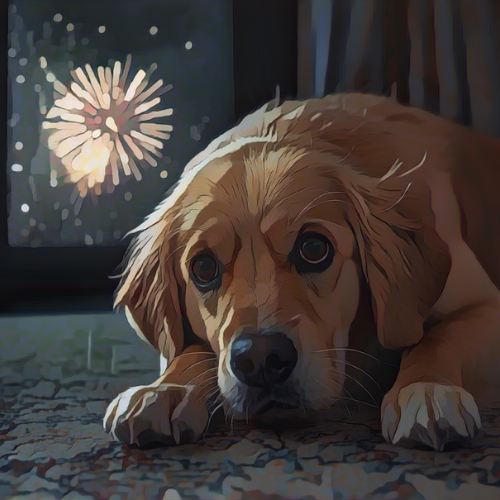 A golden-brown dog lies low on a rug indoors, wide-eyed and anxious, as fireworks burst brightly outside the window in the night sky.