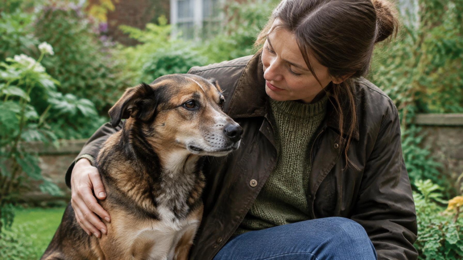 A dog sitting close to its owner in a leafy garden, sharing a calm moment