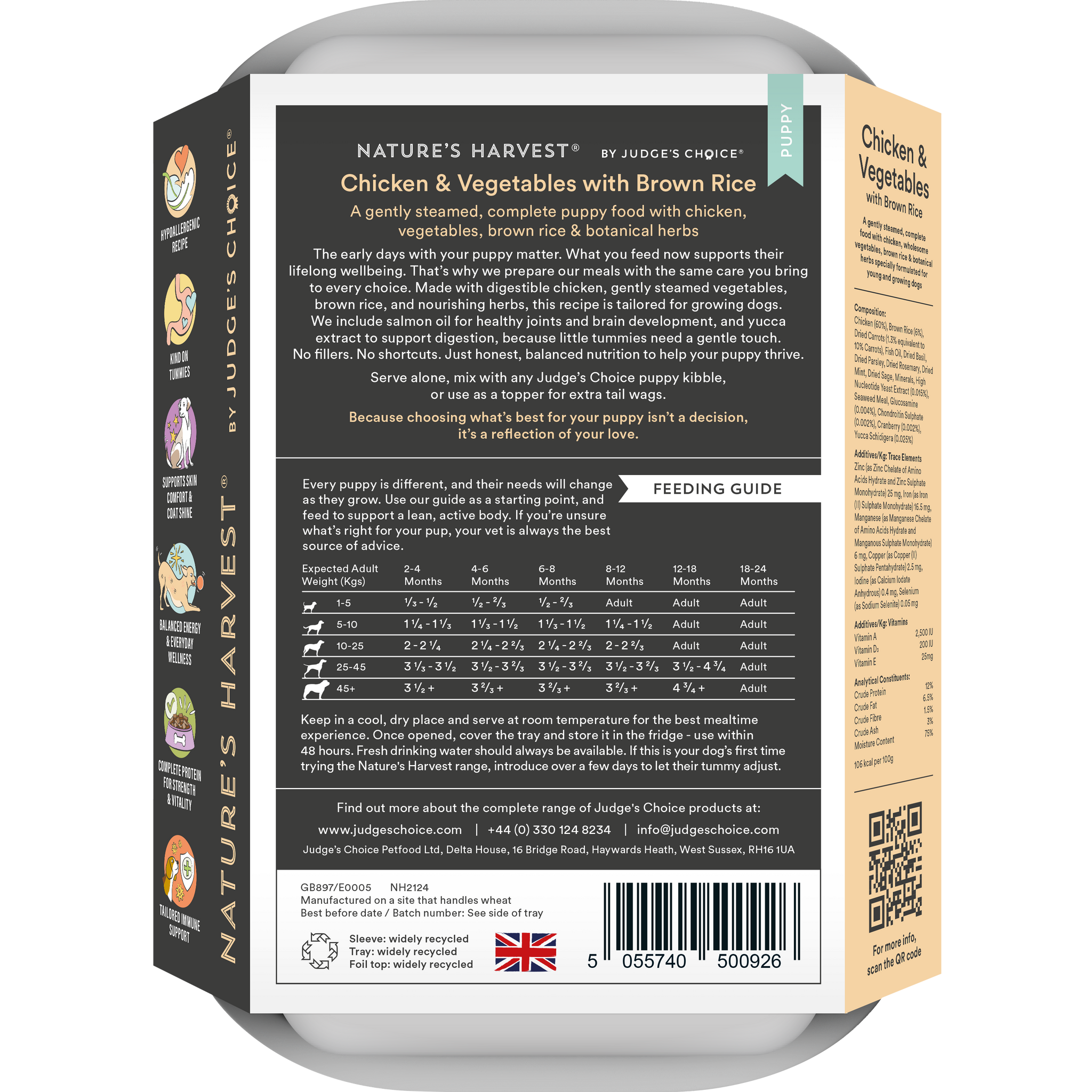 Back of a Nature's Harvest by Judge's Choice pet food packaging with text and QR code.