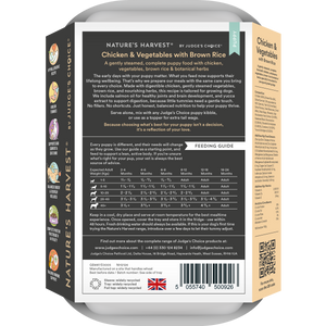 Back of a Nature's Harvest by Judge's Choice pet food packaging with text and QR code.