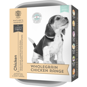 Nature's Harvest puppy food packaging with a black and white puppy illustration on a white background