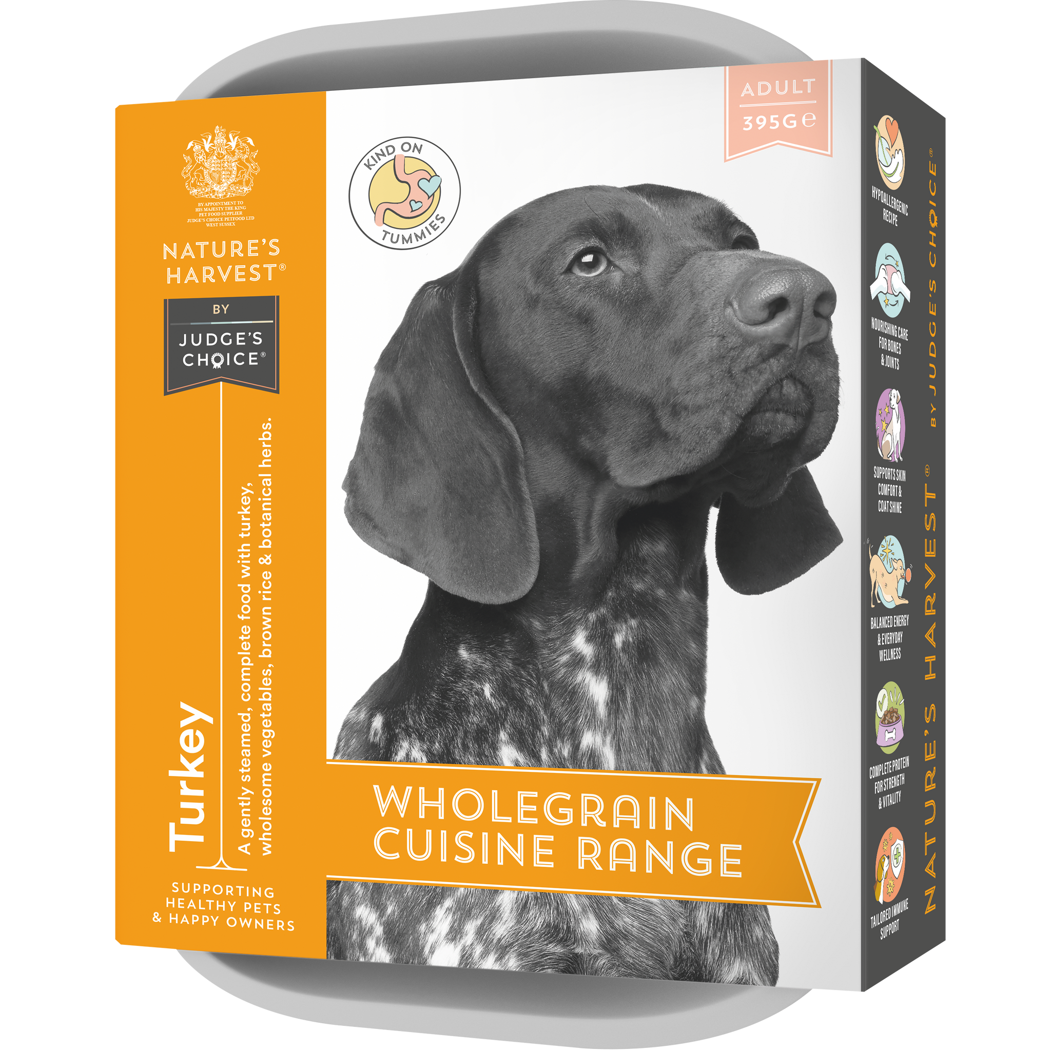 Dog food packaging with a black and white dog illustration on a white background