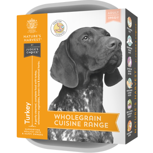 Dog food packaging with a black and white dog illustration on a white background