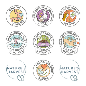 Nature's Harvest functional benefits: kind on tummies, supports skin comfort & coat, tailored immune support, nourishing care for bones & joints, complete protein for strength & vitality, balanced energy & everyday wellness, hypoallergenic recipe