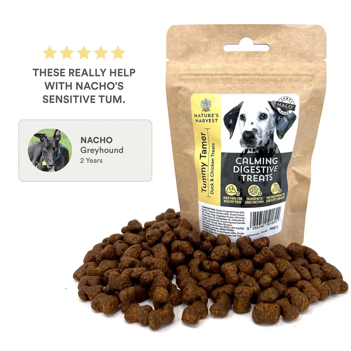 Calming Digestive Dog Treats 'Tummy Tamer' 70g - Nature's Harvest Natural Dog Food Halo Range