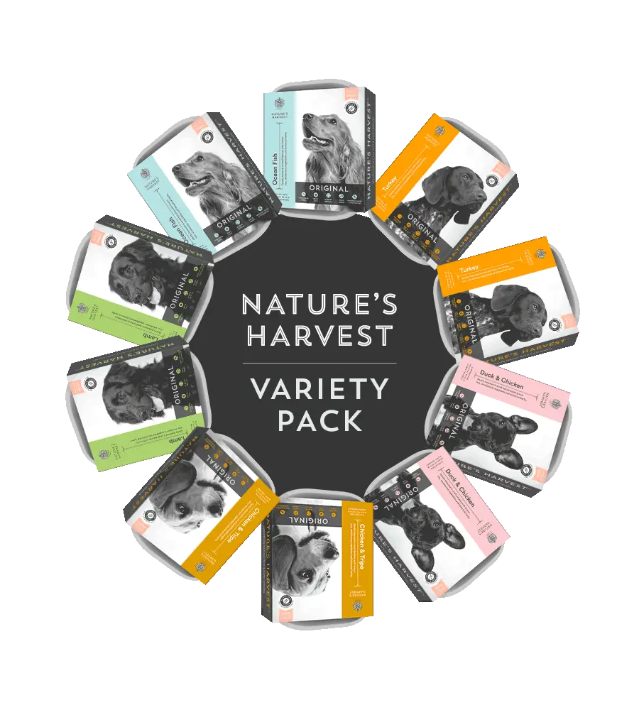 Original Variety Pack Adult Dog Food - Five Flavours - Duck, Tripe, Lamb, Fish, Turkey Nature's Harvest