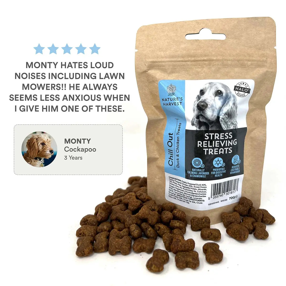 Stress Relieving Dog Treats 'Chill Out' 70g Testimonial Nature's Harvest HALO Range